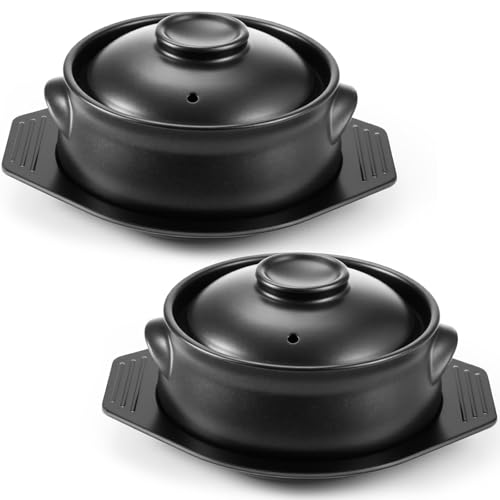Kritkin 2 Pcs Korean Stone Pot Clay Cooking Pot Set Ceramic Sizzling Hot Bowl Korean Bibimbap Soup Dolsot Bowl with Lids for Ttukbaegi and Koreans Stew (38 oz)