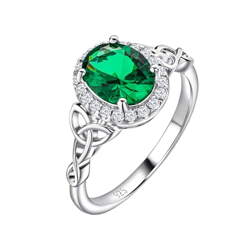 DAYBYDAY Celtic Rings for Women Emerald Ring Sterling Silver Oval Engagement Rings for Women Emerald Birthstone Ring Size 7