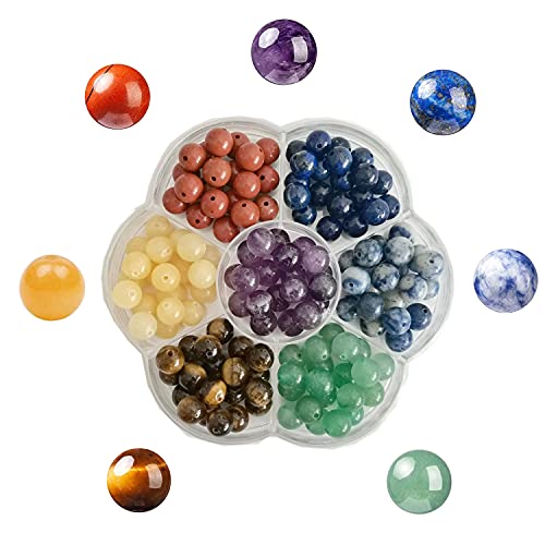 GangGangHao 140pcs 7 Chakra Natural Stone Round Beads Crystals Energy Healing Genuine Real Stone DIY Charm Smooth Beading for Bracelet Necklace Earrings Jewelry Making(8mm,7 Chakra Color)