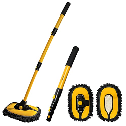YeewayVeh Car Wash Brush with Long Handle, Microfiber Car Wash Mop with Replaceable Chenille Brush Head, Soft Cleaning Brush with 15° Curved Extension Pole Car Wash Kit for RV Truck Camper, YELLOW