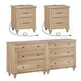 WAMPAT 4 Piece Bedroom Set, Set of 2 Wooden Dressers with 3 Drawers, Set of 2 Rattan Bedside Table Side Tables with Charging Station, 4 Piece Dresser and Nightstand Sets, Oak