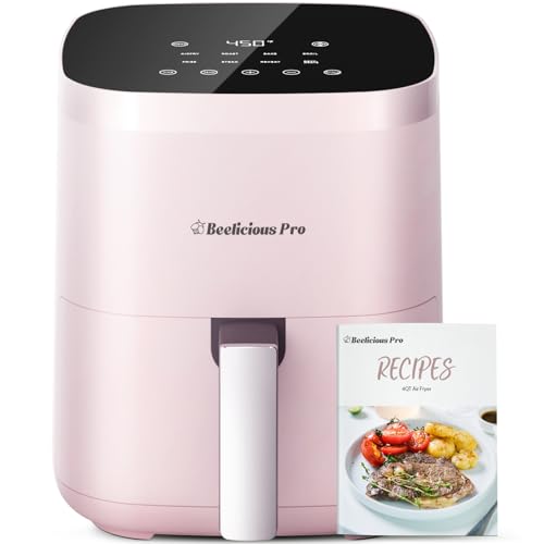 Air Fryer, Beelicious 8-in-1 Smart Compact 4QT Air Fryers, Shake Reminder,450°F Digital Airfryer with Flavor-Lock Tech, Tempered Glass Display, Fit for 1-3 People, Pink