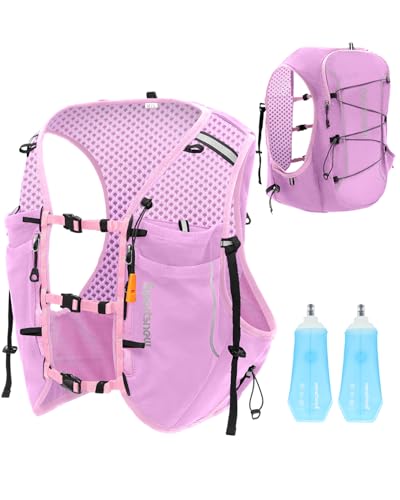 sportsnew Running Vest for Women Men, Lightweight 10L Hydration Backpack with Waterproof Phone Pocket, Breathable Pack for Hiking Trail Running (Pink with 2 x 500ML Soft Flask, S/M: Chest 26''-34')