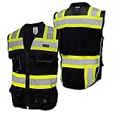 Fierce Safety SU500B Premium Surveyors Class 1 Black Heavy Duty Vest, Tablet Pockets & Neck Padding | 100 Polyester Optimal Breathability Contrasting Reflective Meets ANSI Standards, Medium