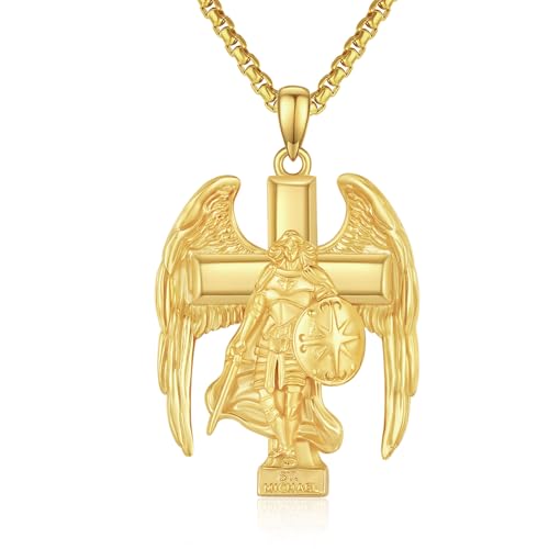 XIXLES Saint Michael Necklace 925 Sterling Silver Gold Archangel St Michael Amulet Pendant,Saint Michael Jewelry for Men with 22 in Chain