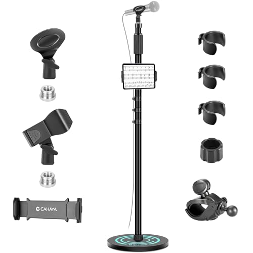 CAHAYA Mic Stand Heavy Duty - Microphone Stand Floor with Weighted Round Base Phone Holder and 2 Mic Clips Portable Mic Stands Height Adjustable from 50" to 64" for Singing Performance Stage Live