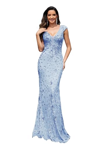 Womens Sequined Long Evening Gown Glamous Sleeveless V-Neck Mermaid Prom Dress for Wedding Party Club Occasions Light Blue XXL