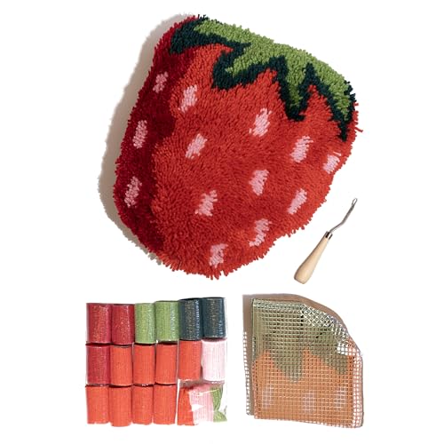 CRAFT CLUB Strawberry Fruit Cushion Kit | DIY Decorative Pillow | Suede Style Backing Zipper & Wooden Latch Hook Set | Pre-Cut Yarn | Full Cushion Craft Kit for Crafters