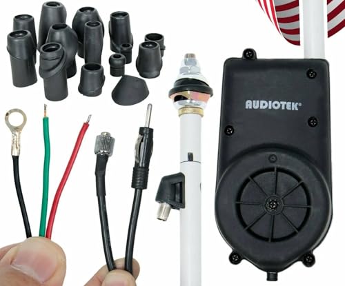 Audiotek Waterproof Universal Electric Power Automatic Antenna – Stainless Steel Mast, AM/FM Radio Reception, 12V, Easy Installation for Car, SUV, Front Fender Mount