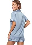 Serenedelicacy Women's Satin Pajama Set 2-Piece Sleepwear Loungewear Button Down Short Sleeve Silky PJ Set (Medium, Dusty Blue)