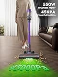 Cordless Vacuum Cleaner, 550W 45KPA 60 Mins Runtime Vacuum Cleaners for Home, Stick Vacuum with Self-Standing, Wall Mount Charging and Intelligent Auto Mode, Handheld Vacuum for Pet Hair/Carpet/Floor