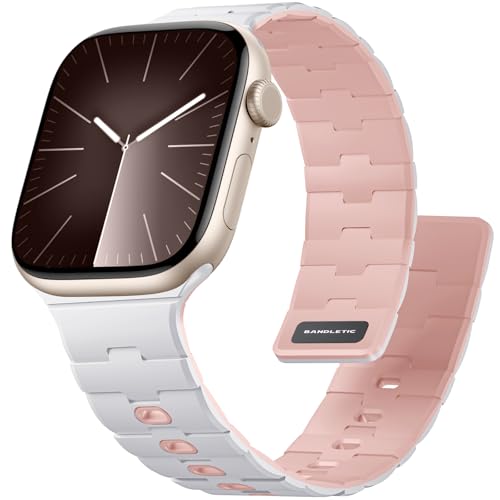 Bandletic Magnetic Silicone Watchband Compatible with Apple Watch Bands for Women 40mm 41mm 42mm(Series 10) 38mm, Soft Sport Magnet Strap Replacement for iWatch Series 9 8 7 SE 6 5 4 3 2 1, White/Pink