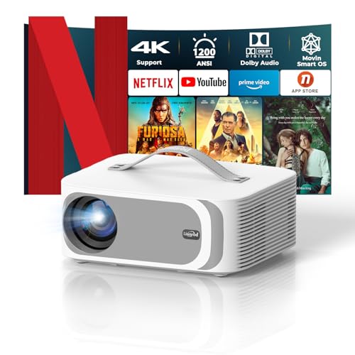[AI Movin 2.0 System/1200 ANSI/Auto Focus] Projector-4K with WiFi 6 and Bluetooth, 30W DoIby Audio Netflix-Licensed Outdoor-Projector, Lisowod 1080P Smart Portable Proyector with HDR10+ 2025 Upgraded