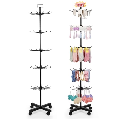 Exttlliy Retail Display Stand Store Display Rack 5 Tier Metal Spinning Display Stand Rack with Wheels Keychain Jewelry Stocking Hat Display Stand with Hooks for Malls, Showroom, Retail Store (Black)