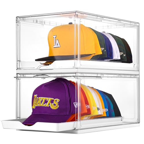 Vtopmart 2 Pack Hat Organizer for Baseball Caps, Clear Hats Holder Box with Drawer, Large Cap Storage with Sliding Tray, Stackable Rack Display Case with Magnetic Door, Each Holds 12 Hats