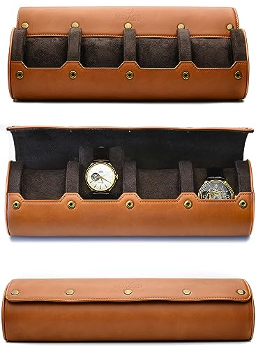 4 Watch Travel Case for Men – Leather Watch Roll Case Storage for Travel - Brown Full Grain Cow Leather
