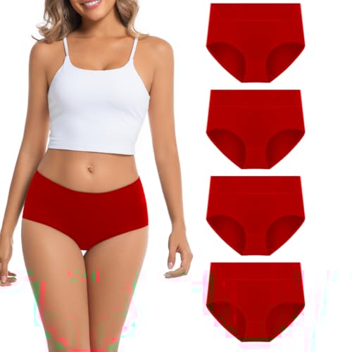 AMZCHPC Women's Cotton Underwear Mid Waisted Brief Style Underpant (4 Pack) (Medium, Red)