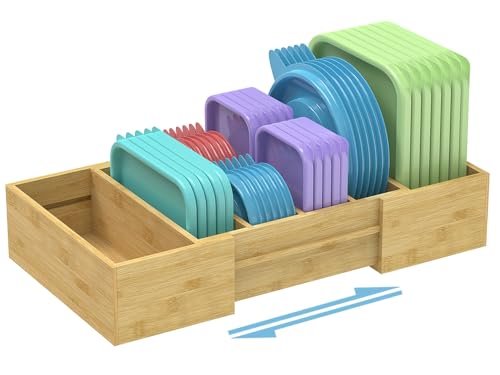 Retro Shaw Large Expandable Kitchen Lids Organizer for Cabinet, Covers, Pantry, Drawer & Countertop Storage, with 3 Adjustable Dividers, Hand-made Bamboo Food Container