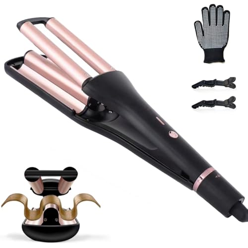 Crimper Hair Tool with 3 Ceramic Barrels, Beach Waves Curling Iron 3/4 & 1 & 1 1/4 Inch, Deep Waver with 4 Heat Settings, Adjustable Curling Wand for Long Hair Women, Dual Voltage