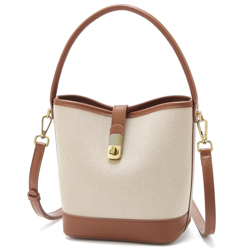 FOXLOVER Coated Canvas Bucket Crossbody Bags for Women Top-Handle Handbags Small Satchel Purse Trendy Twist Lock(Brown)