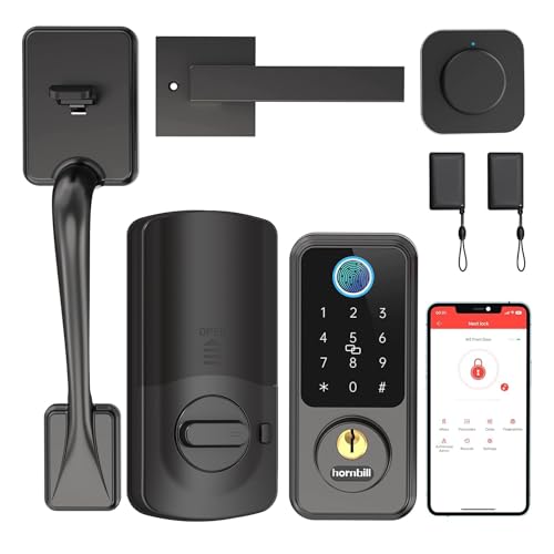 Hornbill Smart Lock with Front Door Handle Set - Keyless Entry Door Lock with Handleset - Smart Deadbolt with 2 IC Cards & Gateway - Bluetooth Door Lock with Keypad - Fingerprint Biometric Auto Lock