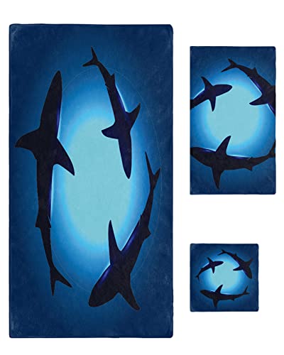 Yukro 3 Piece Bath Towel Set, Dark Blue Shark in Ombre Blue Sea 1 Bath Towel, 1 Hand Towel and 1 Wash Cloth Microfiber Towel, Highly Absorbent Ultra Soft Towels for Bathroom Pool Gym