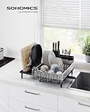 SONGMICS Large Dish Drying Rack, Expandable Dish Dryer for Kitchen Counter, Stainless Steel Dish Rack with Rotatable Spout, Utensil, Cup, Glass, Cutting Board, Pan Holders, Silver and Black UKCS037B01