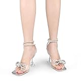 Zzheels Double Bowknots Crystal Sandals Clear Heels Lace up Square Toe Shoes for Party Wedding Silver US6.5