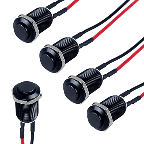 DMWD 5pcs 12mm Latching Push Button Switch Raised Head ON-Off Normally Open with Pre-soldered Cable Aluminium Alloy Shell 12V 24V 36V 110V Waterproof IP66 Without LED (Black)