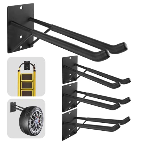 FancyEagle 14" Large Heavy Duty Garage Hooks, 4-Pack Steel Garage Storage Hooks with Support Rods, Utility Wall Mount Hangers for Power Tools, Car Tires, Ladders, Chairs, Garden Tools and More