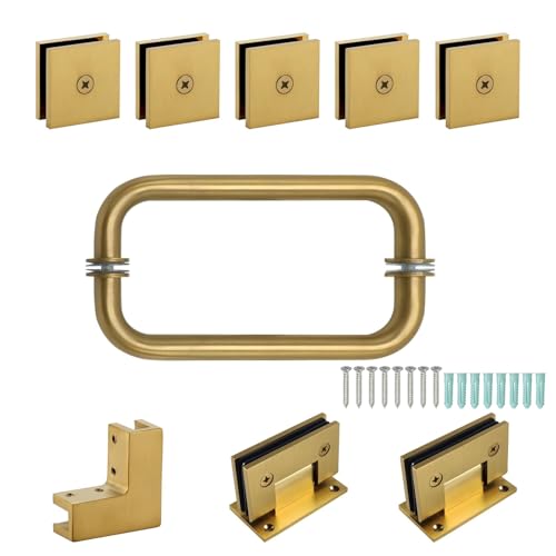 FEKEWIO Shower Door Hardware Kit Frameless Swing Hinged Corner Shower Enclosure Accessories Parts for 5/16” 3/8” to 1/2" Thick Glass Panle with Hinges 8 inch Handles Glass Clamp - Brushed Gold