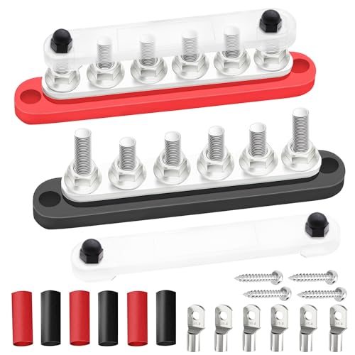 maierke 250A Bus Bar 12V Marine 6 x 5/16" (M8) Terminal Studs 12V-48V Power Distribution Block with Cover,with 6PCS Battery Lugs and 6PCS Heat Shrink Tubing Busbar for Boat Automotive Car