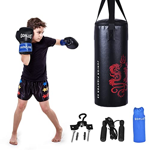 Goplus Punching Bag Set with Gloves, 22LBS/ 40LBS Filled Kick Boxing Bag, Rucksack, Jump Rope, Firm Hook, Heavy Bag for Kids Youth Adults MMA Training, Muay Thai, Krav MAGA, Taekwondo, Karate