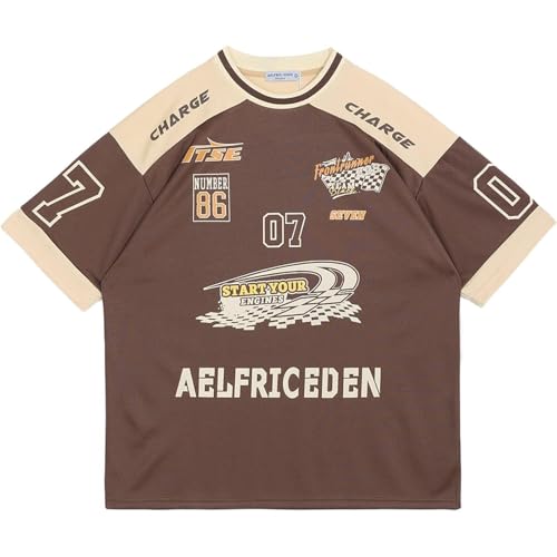 Aelfric Eden Mens 90s Vintage Oversize Shirts Summer Unisex Hipster Printed Casual Tee Streetwear Harajuku Top Tshirt Coffee