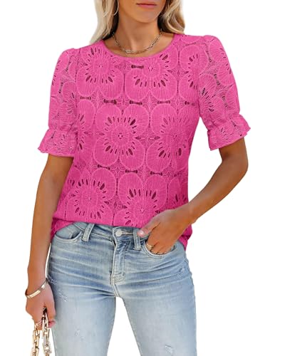 LUXVEER Women's Flower Eyelet Jacquard Tops Flounce Sleeve Dressy Casual Blouses Fashion Crochet Summer Shirts Date Night Going Out Tops 2025 Trendy Hot Pink M