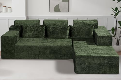 Modular Sectional Couch for Living Room,Sleeper Sofa Bed Cloud Couches with L-Shape Chaise,Comfy Sofas Living Room Couch with Deep Seat,No Assembly Required,Luxury Distressed Velvet(Green, R)