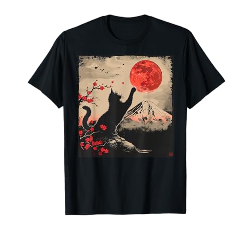 Vintage Japan Art Japanese Theme Retro Print Black Cat T-Shirt