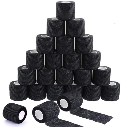 Jconly Tattoo Grip Tape Cover - 24PCS Self Adhesive Bandage Wrap, 2" X 5 Yards Black Athletic Tape,Ankle Tape, Cohesive Bandage Wrap…