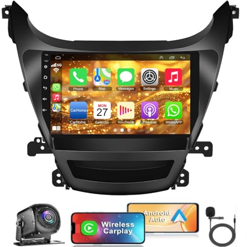 【4+64G】Android Car Radio for Hyundai Elantra 2014 2015 2016, 9"HD Touch Screen Car Stereo with Wireless Carplay&Android Auto, GPS /WiFi/Bluetooth 5.2/Backup Camera+MIC/DSP/HiFi/FM Radio/EQ/Mirror Link
