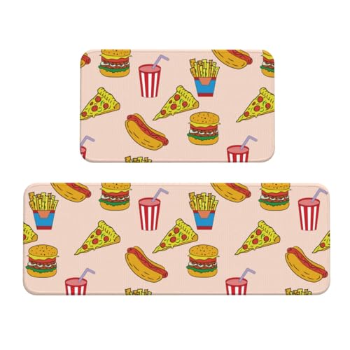 TZTTZT 2 Piece Kitchen Mats for Floor, Hamburger Pizza Coke Kitchen Rugs Non Slip Washable, Anti Fatigue Mats for Kitchen Floor, Home Decor