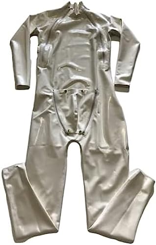 White Men Natural Latex Catsuit 3D Crotch Pouch Design Codpiece with Double-Diagonal Zipper,Purple,Small
