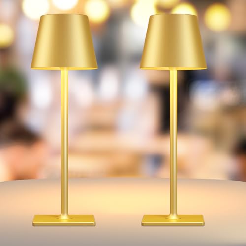 Yogaret 2 Pack Gold Rechargeable Table Lamps,Cordless Lamp with 6000mAh Battery Operated,Wireless Lamp for Restaurant Home Dinner Dining Kitchen Outdoor Patio,Waterproof & Portable