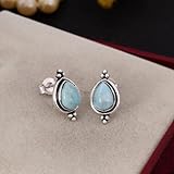 Natural Pear Gemstone Earring | 925 Sterling Silver Oxidised Earring | Handmade Women Earring | Daily Wear Earring | Women Jewerly | Birthday Gift for Her (Larimar)