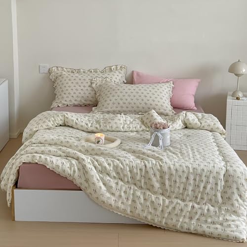 BuLuTu Shabby Chic Floral Quilt for Full Size Bed Blankets Muslin Cotton Summer Quilts Lightweight Soft Kids Comforter for Girls Teens Azalea Pattern, 79"x90", 3.8 Pounds, No Pillowcases
