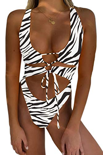 CHYRII Women's Zebra Print Sexy Cutout Lace Up Backless High Cut One Piece Swimsuit Monokini M