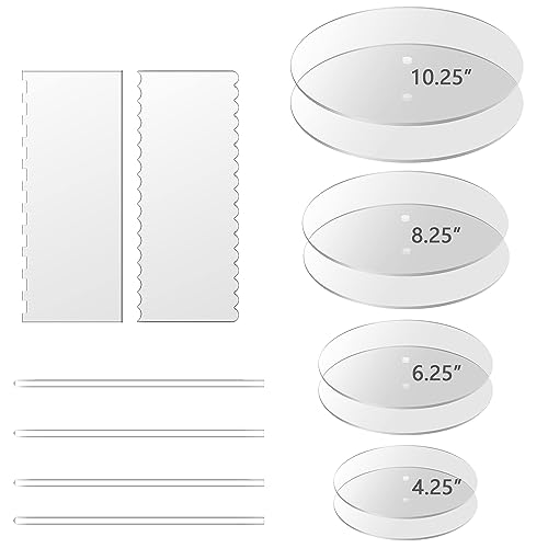Boyun Acrylic Cake Disc, Clear Cake Decorating Supplies with 8 Round Acrylic Discs,2 Icing Scraper And 4 Center Dowel For Make Your Cakes, Acrylic Discs For Icing Cakes(4.25/6.25/8.25/10.25 Inch)