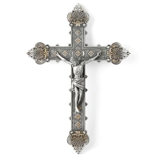 BC Catholic Crucifix Wall Cross, Jesus Christ Home Decor, Religious Gift, Vintage Silver Color Finish 12"H Renaissance Sculpture Hand-painted by Buildclassic