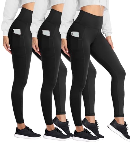 3 Pack Fleece Lined Leggings for Women with Pockets - High Waist Winter Thermal Warm Women's Workout Running Yoga Pants,Black/Black/Black, ONE Size