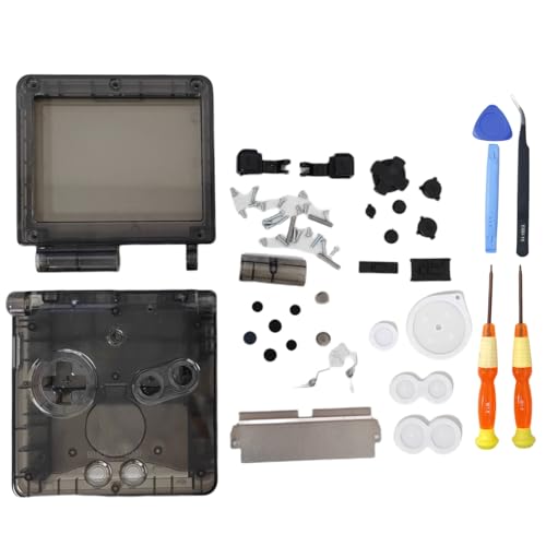 Hzxkqmil Replacement Full Shell Housing Case for Game Boy Advance SP GBA SP Console, High Quality Transparent Cover with Buttons Screws Kit + Screwdrivers Repair Parts (Clear Black)