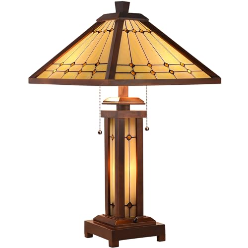 Capulina Tiffany Lamp Stained Glass Table Lamp 3-Light 15X15X26 Inches Wooden Base Mission Cream Crytal Tiffany Style Desk Lamp with Night Light Decor for Living Room Bedroom Home Office